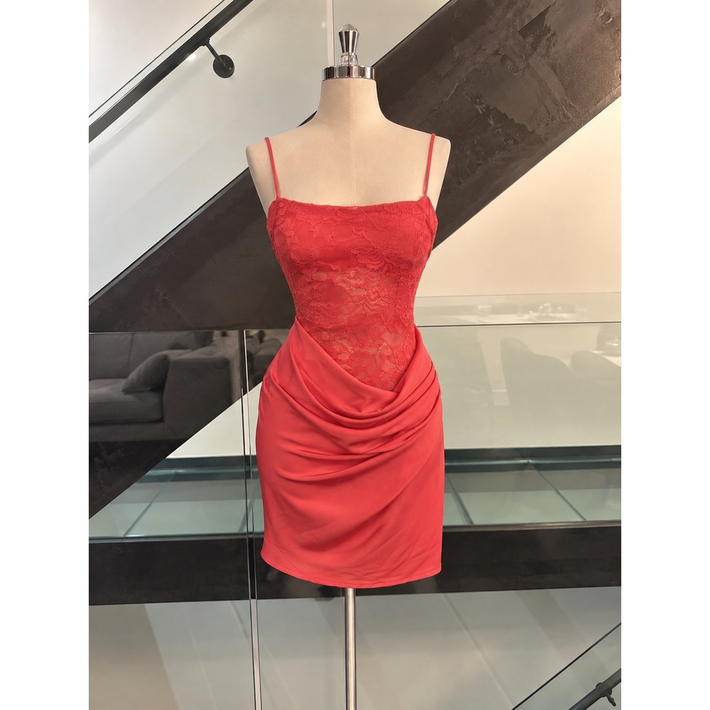 Showpo Coral Pink Lace Draped Mini Dress Adjustable Straps Size 2
